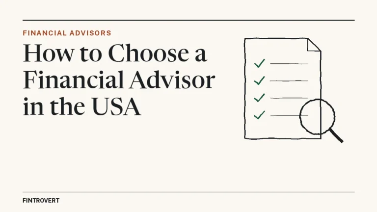 Editorial header for 'How to Choose a Financial Advisor in the USA', with a line drawing of a checklist document with green check marks under a magnifying glass.