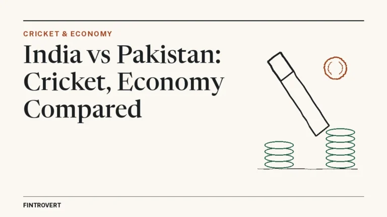 Editorial header for 'India vs Pakistan: Cricket, Economy Compared', with a line drawing of a cricket bat and ball beside two stacks of coins, one taller than the other.