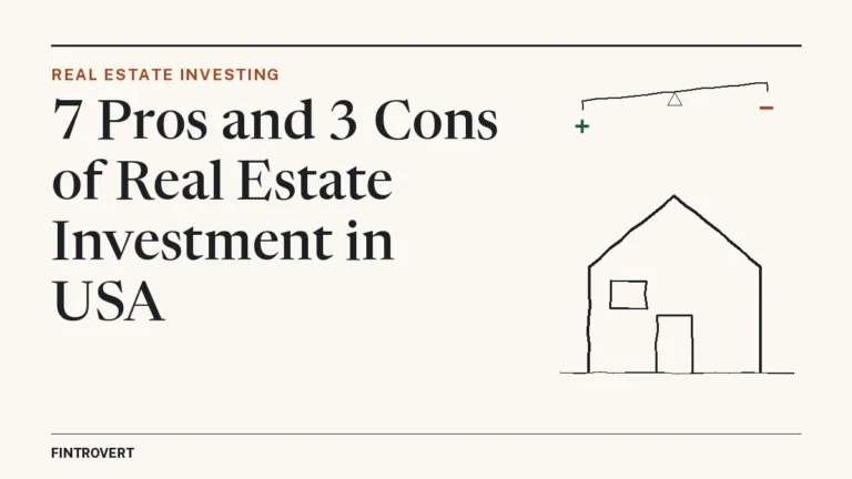 Editorial header for '7 Pros and 3 Cons of Real Estate Investment in USA', with a line drawing of a house beneath a balance scale marked plus and minus.