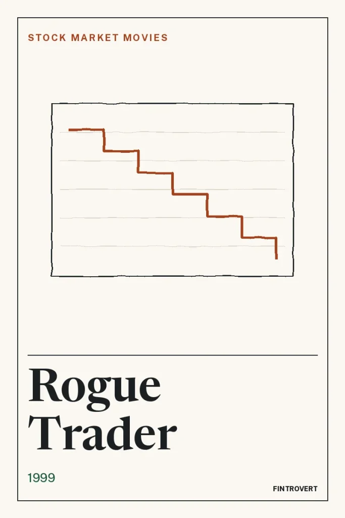 Poster-style graphic for Rogue Trader (1999): a hand-drawn ledger page with ruled lines and a rust-coloured line stepping down like a staircase above the title in large serif type, on an off-white background with a thin black border.