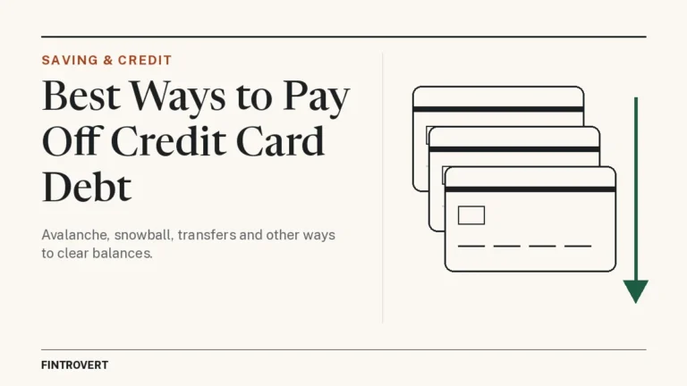 Featured image for "Best Ways to Pay Off Credit Card Debt": the headline beside a simple line drawing of three stacked credit cards and a green arrow pointing down, suggesting a falling balance.