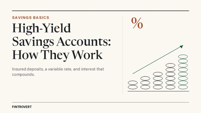 Featured image for "High-Yield Savings Accounts: How They Work": the headline beside a simple line drawing of coin stacks growing taller from left to right under an upward arrow.