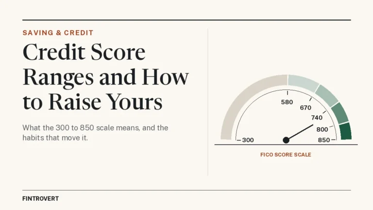 Featured image for "Credit Score Ranges and How to Raise Yours": the headline beside a simple line-drawn credit score gauge running from 300 to 850, with tick marks at 580, 670, 740 and 800 and shading that darkens toward the high end.
