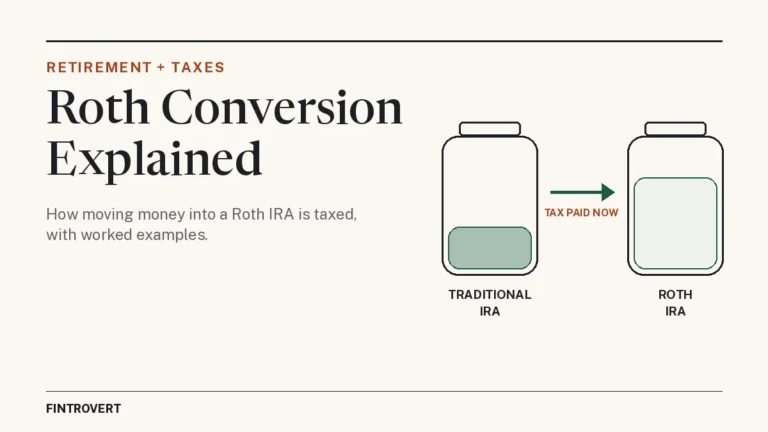 Line illustration of money moving by arrow from a jar labeled Traditional IRA to a jar labeled Roth IRA, with the note 'tax paid now', beside the title Roth Conversion Explained.
