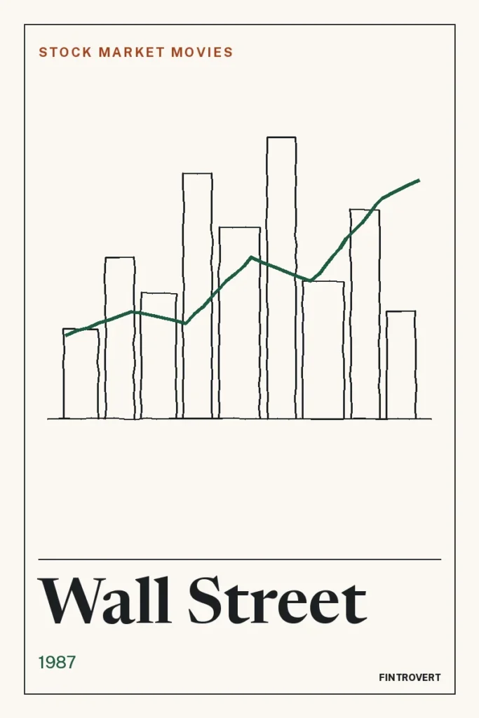 Poster-style graphic for Wall Street (1987): nine hand-drawn rectangle outlines of different heights, like tall buildings or bars, standing on a black baseline, with a green line that zigzags across them and rises from left to right overall, above the title "Wall Street" in large serif type and the year 1987 in green, on an off-white background with a thin black border.